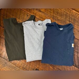 Carhartt (loosefit)  Size L Men's T-Shirt Trio in Olive, Light Gray, and Navy.
